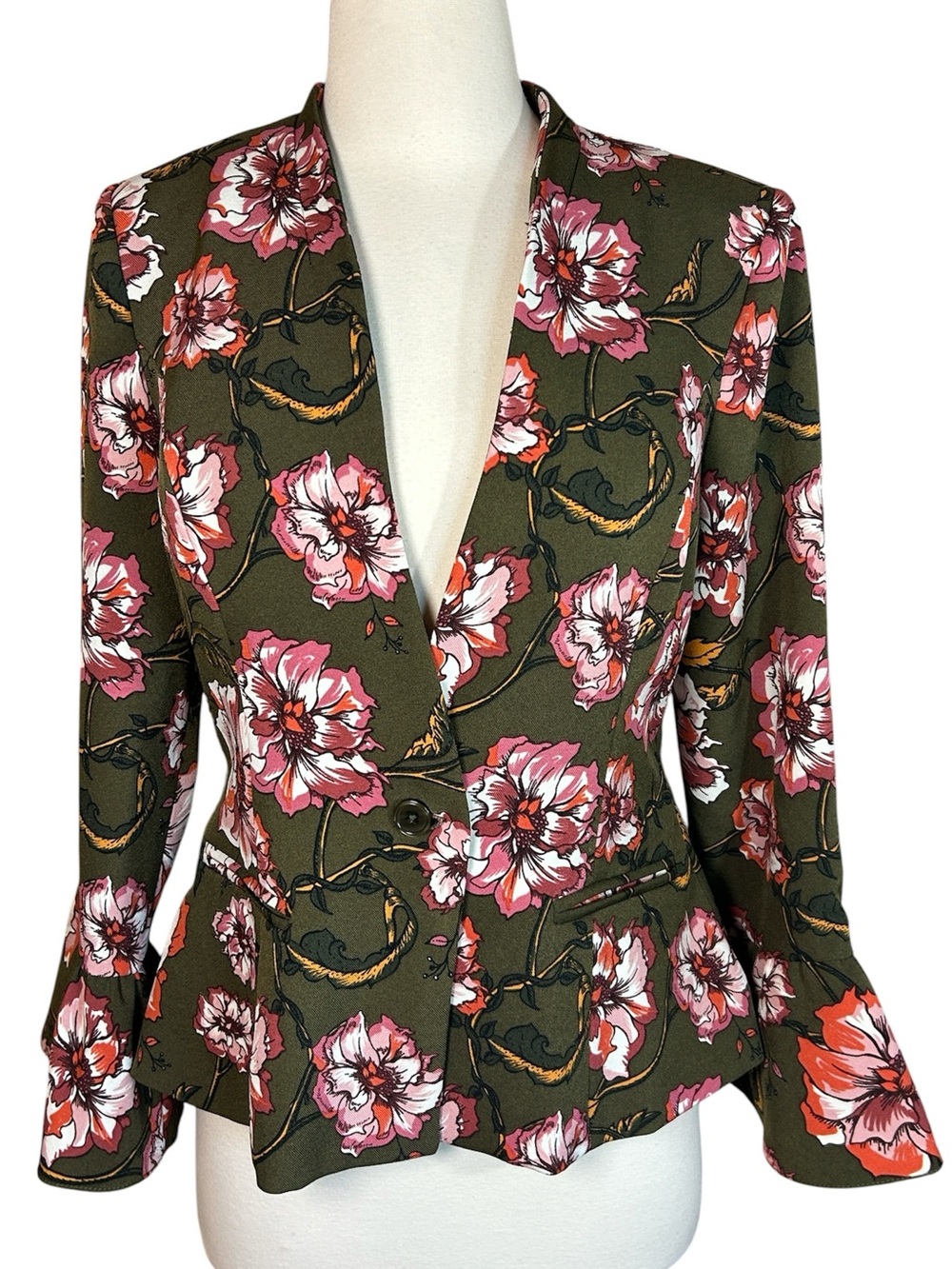 XOXO Floral bell Sleeve Peplum Blazer Olive green pink single button size Medium